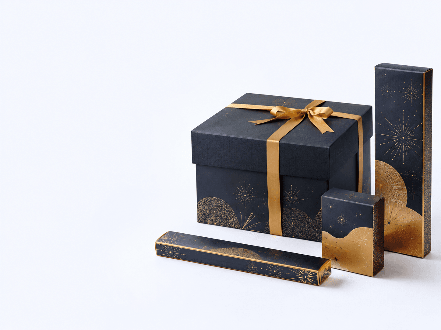 Dark and gold City Crackers gift boxes with a satin ribbon